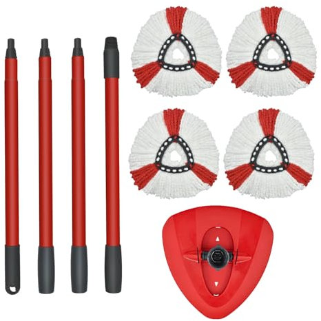 Spin Mop Head Replacement, Base & Handle Compatible with Vileda Turbo Microfibre Mop, 4 Microfiber Heads, 1 Triangle Cover and 76-147cm Spin Mops Handle for Vileda Turbo Smart/EasyWring