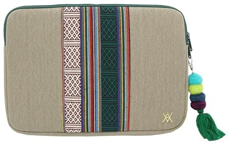 WONDEE Vam Vam Funda Portátil 14 Pulgadas de Tela Bordada Estilo Étnico y Original Tirador Llavero - Maletín/Funda Ordenador Portátil hasta 14 Compatible con Macbook Air, Acolchada y Reforzada