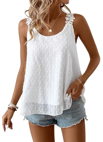TUUHAW Débardeur Femme Spaghetti sans Manches Col Rond Bohème Blanc XL
