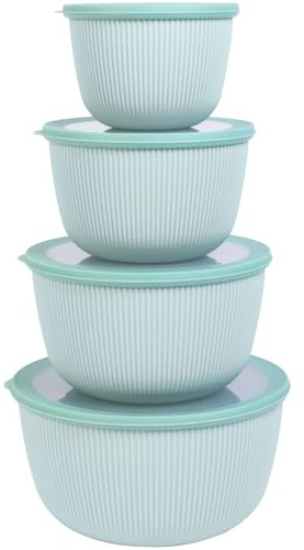 BoxedHome Salatschüssel mit Silikon Deckel 8tlg., BPA-FREE Kunststoff, Grün | 4,7/3,2/2,1/1,2L, Matte Oberfläche, Dezentes, Klassisches Rillendesign, Spülmaschinenfest, Stapelbar, für Camping und Küche