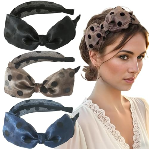 Ypkia 3 Stück Haarreifen Schleife Damen Breit Haarband Vintage Gepunktet Stirnband Haarschmuck Elegant Kopfband für Frauen Mädchen