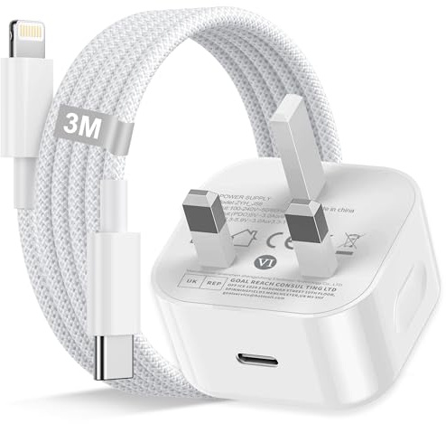 iPhone Charger Fast Charge 30W, USBC Plug UK Power Adapter with Nylon Braided USB C to Lightning Cable 3m/10ft,USB C Charger iPhone Charging Cable Wire Lead for iphone 14 13 12 11 Pro/X/8/7/iPad/iPods