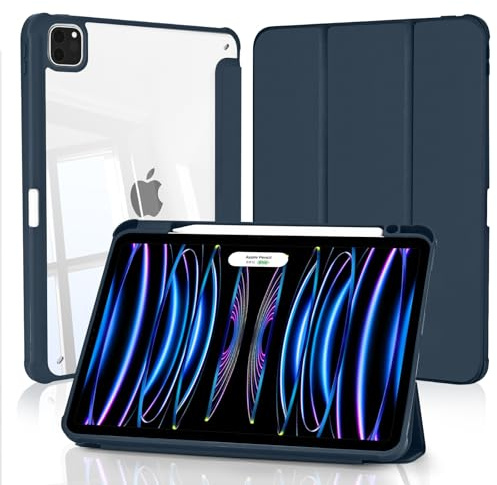 4UBonLife Coque pour iPad Pro 11 Pouces 2022/2021/2020/2018 avec Porte-Stylet, Housse de Protection Dos Transparente Claire Rigide, Étui Tablette Antichoc Mince, Bleu Marine