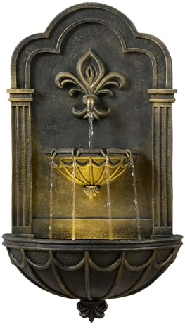 Teamson Home Fleur-de-Lis väggfontän utomhus 80 cm med integrerad LED-belysning och dekorativ svart-guldfinish