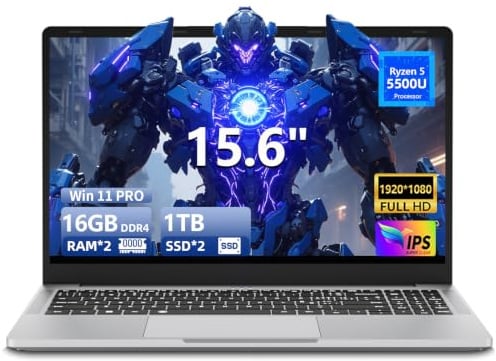 Portatile PC 15,6 pollici, Ryzen 5 5500U processore Notebook, 16 GB di RAM SSD da 1 TB, Laptop display IPS FHD, porta Type-C, USB 3.0, HDMI, tastiera digitale retroilluminata Computer portatile