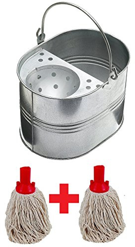 15L 15 litres Large Galvanised Metal Steel Mop Bucket with Two MOP Heads Free for Home Office General Cleaning