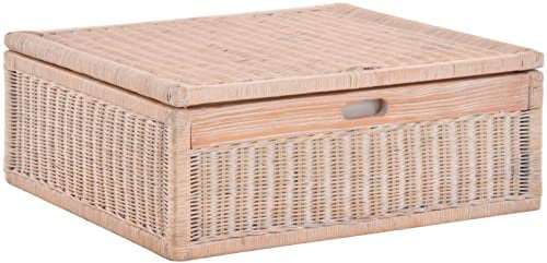 Großer Unterbett Schub aus Rattan 64x58x24cm / Unterbettkommode mit Deckel, Bett Kasten Korb Kleider Aufbewahrung Box (Vintage Weiss)