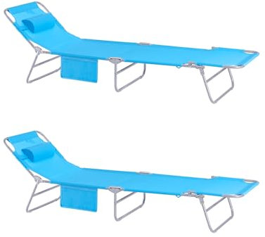 SoBuy Lot de 2 Transat Jardin Extérieur Pliable Bain de Soleil avec Oreiller Chaise Longue Relax avec Poche Latérale Mobilier de Jardin pour Terrasse Plage Piscine Bleu Ciel 155x56x81 cm OGS35-Bx2