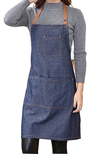 YAKEFJ Denim Schürze mit Tasche einstellbar Denim Jean Küchenschürze mit 3 Taschen für Frauen Männer