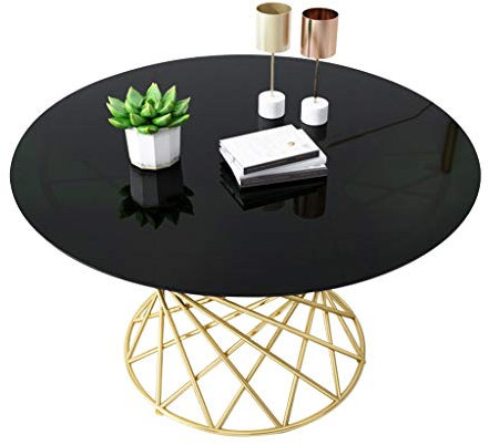 WXiaJ-Kaffetisch Kreativer Couchtisch/Schmiedeeisen-Beistelltisch, Schwarze gehärtete Glasplatte, Tischgestell-hohler Entwurf, verwendet im modernen Hauptwohnzimmer, rund, Gold