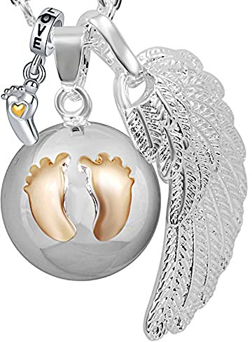 ICOOM Bola de grossesse clochette Pendentif harmony ball “Appeleur d’anges ” Bijou musicale pour Maternité femmes enceintes avec chaîne aile d'ange et Bola (114 CM, ARG-OR-P-P1)