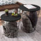 Lavish Home Beistelltische im Vintage-Look mit Holzfurnier und Metallrahmen, runde Beistelltische mit Aufbewahrungskorb, 2er-Set (schwarz)