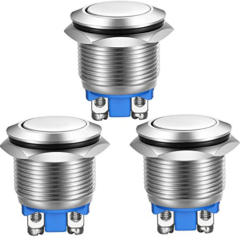 Gebildet 3pcs Pulsador Momentáneo,Terminales de Tipo Tornillo, Botón de Metal de Acero Inoxidable a Prueba de Agua 19mm 2A 12V/24V/125V/250V(Cabeza Plana)