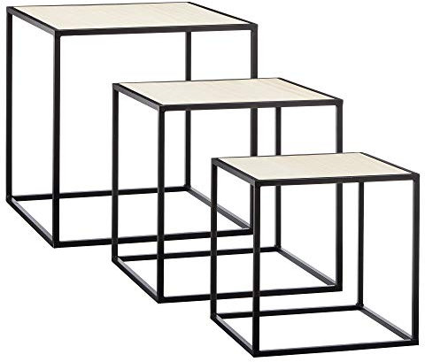 Cepewa Beistelltisch 3er Set Couchtisch im Industrie Design aus Metall mit Holz Tischplatten 35cm / 40cm / 45cm