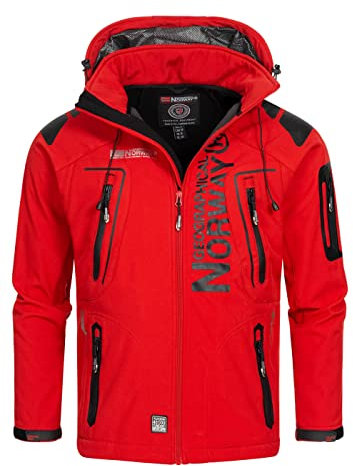 Geographical Norway Techno Men Distribrands - Veste Softshell Homme Impermeable - Manteau Respirant À Capuche Outdoor - Blouson Coupe Vent Tactique Resistant Hiver (Rouge/Noir M)