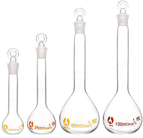 OLYCRAFT - Lote de 4 frascos aforados (10 ml/25 ml/50 ml/100 ml, con tapón de cristal, durabilidad y resistencia química, botella de vidrio para proyecto de escuela de laboratorio, 4 unidades