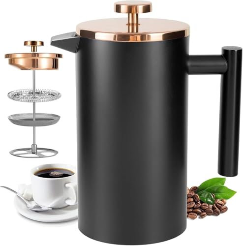 Miuly Cafetière 1000ml, 8 Cup Stainless Steel French Press Coffee Maker, Double-Walled Insulated French Press for Home and Office, With 2 Extra Filter and Coaster Mat (34oz, Black)