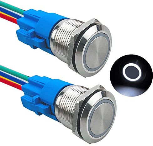 Aiqeer 2 Stück 19 mm Momentan Druckschalter, 12V / 24V 5A Auto Zündung Starter Schalter, IP67 Wasserdichter Edelstahl Druckschalter, mit Vorverdrahteter Steckdose (Weiß LED)
