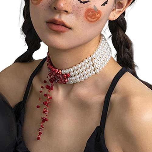 Abonda Blutige Perlenkette - Vampir-Halsketten für Frauen - Tropfblut Vierlagige Perlenkette Verstellbarer Choker für Halloween-Dekorationsgeschenke
