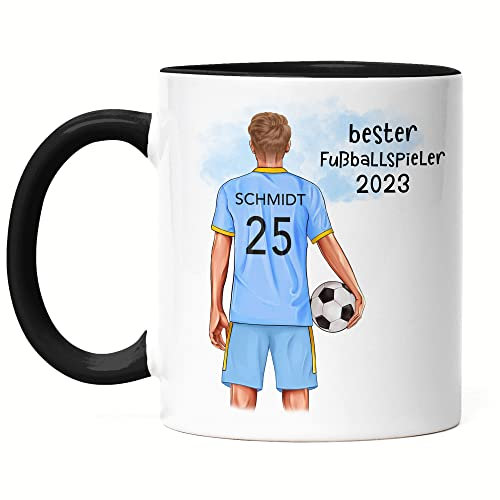 Kiddle-Design Fussball Tasse Schwarz Personalisiert mit Namen Fußball Becher Personalisiert Fanartikel Männer Jungs Jungen Mann Fussballtasse Fußballfan