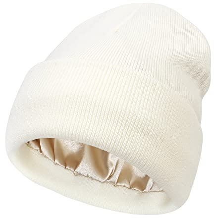 Mukeyo Damen Satin gefütterte Strickmütze Beanie Mütze Winter Warm Bündchen Strick Seidenfutter Weich Zopfkull Cap, Weiss/opulenter Garten, Einheitsgröße