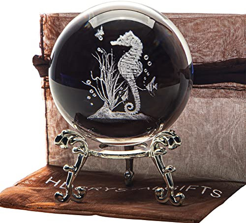 HDCRYSTALGIFTS 60 mm große, dekorative 3D-Kristallkugeln, 3D-Lasergravur, Seepferdchen, Briefbeschwerer, Vollkugel, Feng-Shui-Figur mit versilbertem Ständer