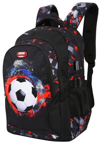 LOVEVO Football Backpack for Boys, 47x31x22cm Water Resistant Kids Multi Pocket Causal Rucksack Bags for Travel, School, Laptop & Sports (Black)