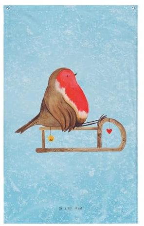Mr. & Mrs. Panda Wandteppich Rotkehlchen Schlitten - Geschenk, Vogel, Winter, Textil-Kunst, Heiligabend, Tapisserie, Weihnachten, Wand Deko, Boho,