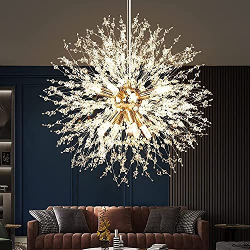 EFPD Lustre moderne en cristal dandelion, 8 lumières Lustre doré pour salon, salle à manger, chambre à coucher, cuisine