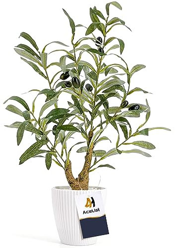 AceList Petit olivier artificiel de 42 cm avec pot blanc, plante artificielle réaliste en pot et fruits réalistes pour la maison, la chambre et la décoration de ferme moderne