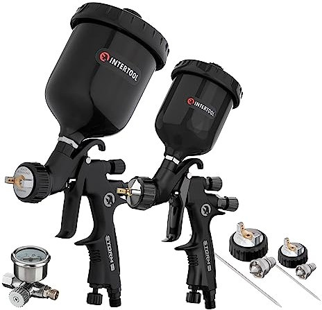 INTERTOOL HVLP Paint Spray Gun Set, 2 Sprayers, 0.8, 1.2, 1.3, 1.8 mm Air Caps, Standard and Touch Up, 250 and 600 cc Plastic Cups, Black M-Diamond Series with Case PT08-0179