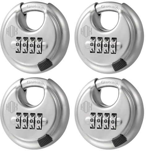 HOX 4-Digit Combination Disc Padlock, Hardened Steel Shackle (4 Pack)
