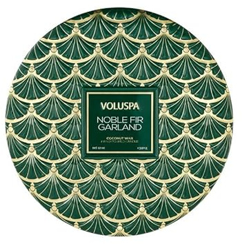 Voluspa Noble Fir Garland, 3 Wick Tin Candle, 12oz, 40 Hour Burn Time, Coconut Wax Candle for The Home, Poured in the USA
