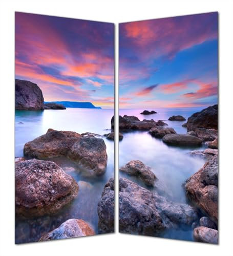 Wallario Selbstklebende Duschrückwand 180 x 200 cm, 2-teilig mit Motiv Seelandschaft in blau und rot mit großen Felsen - Wandverkleidung Fließenersatz mit Hochglanzlaminat in Glasoptik