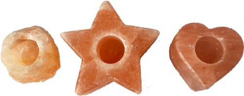 3 Portacandela Sale rosa Himalaya cuore, grezzo e stella