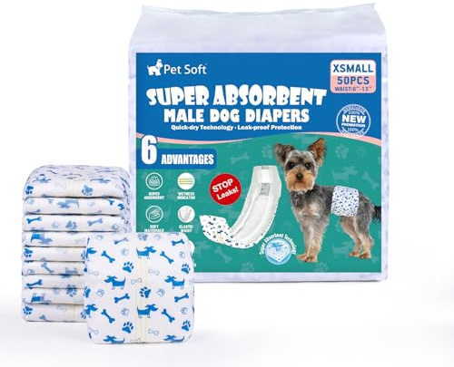 Pet Soft Pañales Desechables para Perros, 50 Unidades, para Perros Macho, Altamente absorbentes, con indicador de Humedad y a Prueba de Fugas (XS-50 Unidades)
