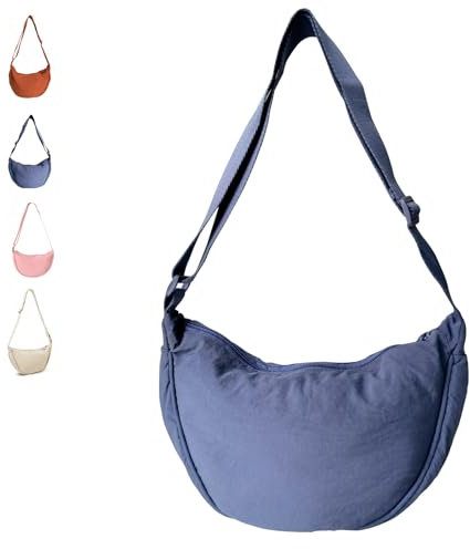 Hernin Nylon Halbmond Tasche, Nylon-Halbmondtasche für Frauen, Einfarbige Tragbare Halbmond Bag Umhängetasche, Damen Moon Bag Crossbody Schultertasche (blau)