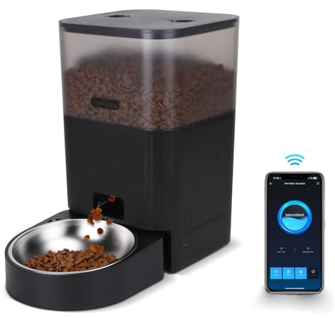 Nobleza - WiFi Automatischer Futterautomat für Katze & Hund, 4.2L Pet Feeder mit Timer, 10S Sprachaufnahme, 1-10 Mahlzeiten, Edelstahl Napf & Trockenmittelbeutel, Schwarz