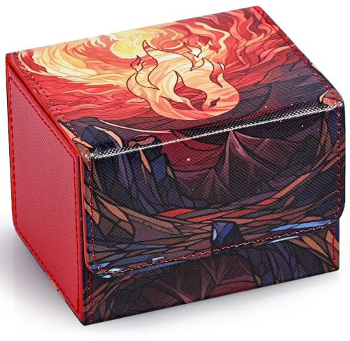 UAONO Deck Box für MTG Karten, Trading Card Aufbewahrungsbox für 120+ gesleevte Commander Decks, PU Leder Kartenbox passend für TCG Magic Karten mit 2 Unterteilungen (Rot, Flamme)