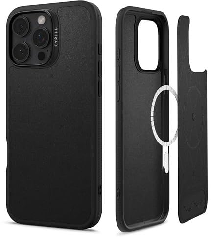 CYRILL by Spigen Kajuk Mag Case Compatible with iPhone 16 Pro (2024), Premium Vegan Leather Case [Compatible with MagSafe] - Black