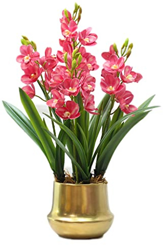SIBEG artificial flower with pot Orchid Faux Artificial Cymbidium Flowers Set Realistic Phalaenopsis Orchid in Gold Pot Living Room Office Bedroom Decoration Orchid (Pink)
