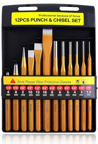 LEONTOOL 12-Piece Punch and Chisel Set, Heavy Duty Heat Treated Metal Punch Set Including Cold Chisel Taper Punch Pin Punch Center Punch for Mechanics Woodworking Stone Carving with Storage Case