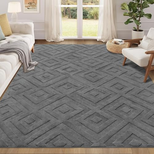 Enyhom Flauschiger Kurzflor Teppich 120 x 160 cm - Waschbarer Moderner Teppich für Wohnzimmer, Esszimmer, Küche, Büro - 3D Hoch-Tief Effekt, Rutschfest, Geometrisches Design, Grau