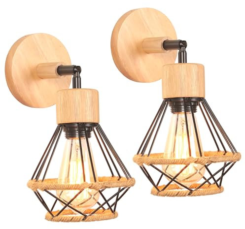iDEGU Lot de 2 Appliques Murales Industrielles Design Cage en Métal Bois Rétro Lampe Murale Ajustable Luminaire Plafonnier Vintage Applique Intérieure pour Chambre Salon (Noir avec Corde de Chanvre)