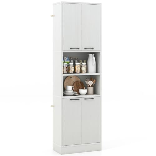 COSTWAY Tall Kitchen Cupboard, 4-Door Buffet Pantry Storage Cabinet with Shelves, Safety Hinges & Anti-tipping Devices, Freestanding Sideboard Organizer Unit for Dining Room Living Room (White Oak)