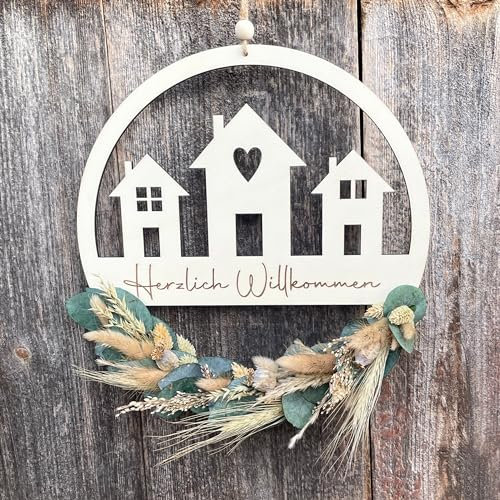 Willkommensschild Häuserfront - Trockenblumenkranz - Türkranz Trockenblumen - Herzlich Willkommen bei - Türkranz personalisierbar - Türhänger Familie (24cm, Naturtöne)