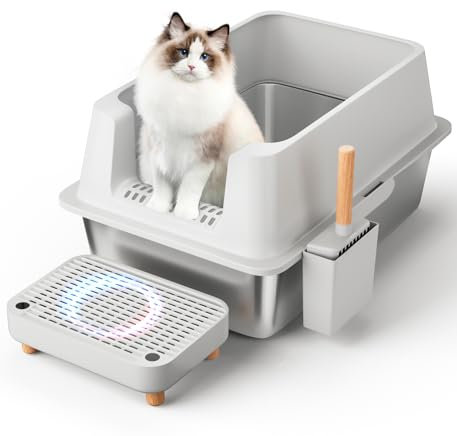 The Fellie Stainless Steel Cat Litter Tray, Extra Large Litter Box for Big Cats, 30cm High Wall Cat Litter Box, Anti-Leakage, Non-Sticky, Easy Cleaning, Include Filter Pedal and Litter Scoop, Grey