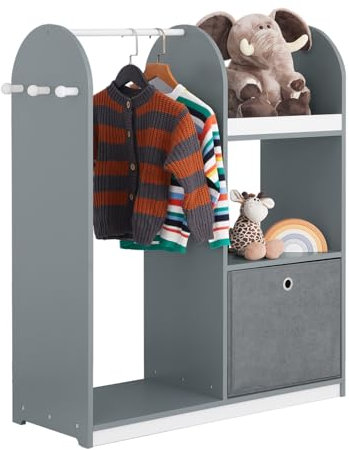 SoBuy Kids Wardrobe with Hanging Rail, Kids Wardrobe for Bedroom with Storage Box and 3 Hooks, Small Closet for Children's Room Grey 97x35x108cm KMB40-HG
