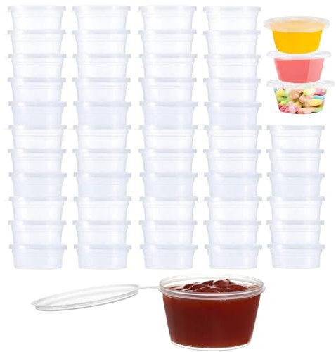 50Pcs Small Plastic Containers with Lids, 50ML Plastic Pots with Lids, Plastic Leakproof Sauces Cups for Jars, Dips, Salads, Chutney, Restaurants, Takeaway, Catering (2oz/50ml)