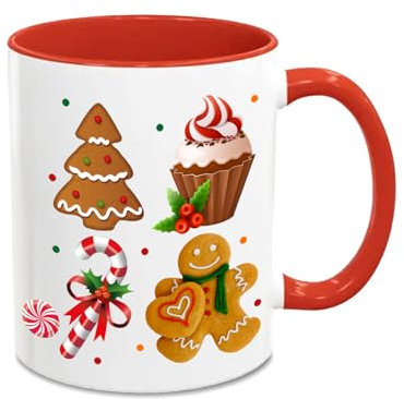 Ginger are for Life Not Just for Christmas - Ceramic Mug with Gingerbread, Candy Cane, and Cupcake Design - Red Handle and Inner - 11oz Festive Coffee Mug for Holiday Gifting